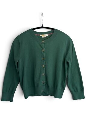 Boden Green Solid Knit Brass Gold Button Front Crew Neck Cardigan Sweater Womens